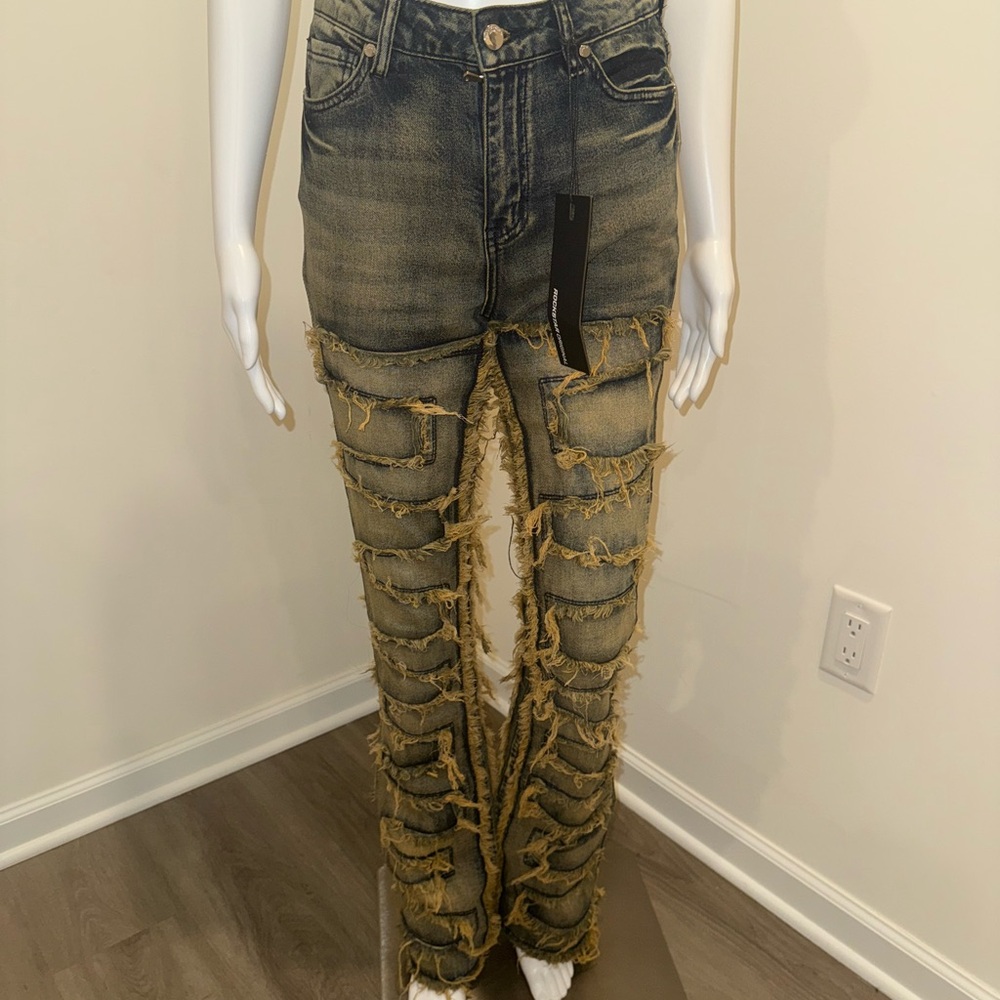 Rockstar Original Frayed Panel Distressed Jeans - Olive Wash
